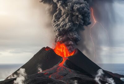 Steaming new volcanic island rising from Pacific Ocean surrounded by discolored water