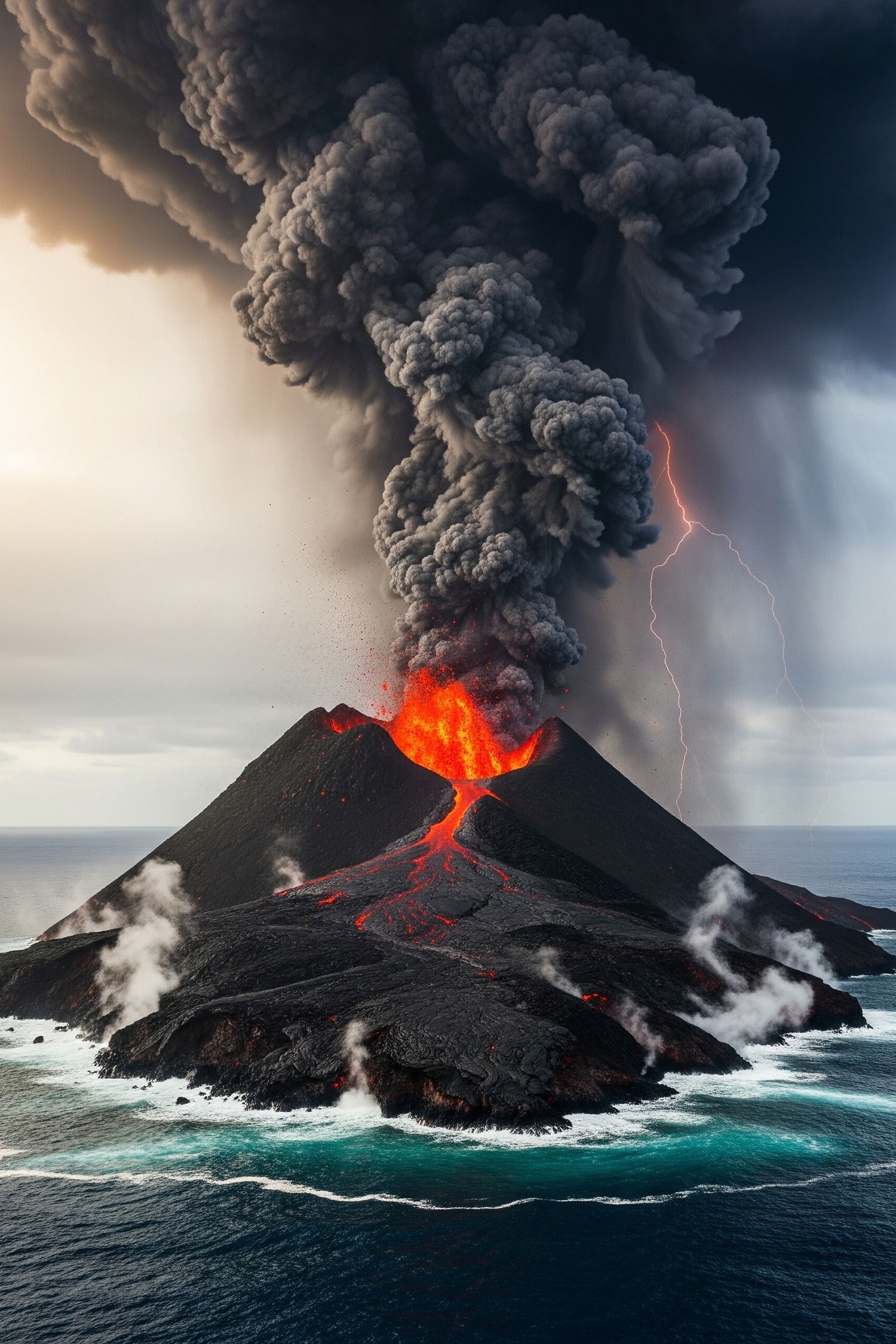 Steaming new volcanic island rising from Pacific Ocean surrounded by discolored water