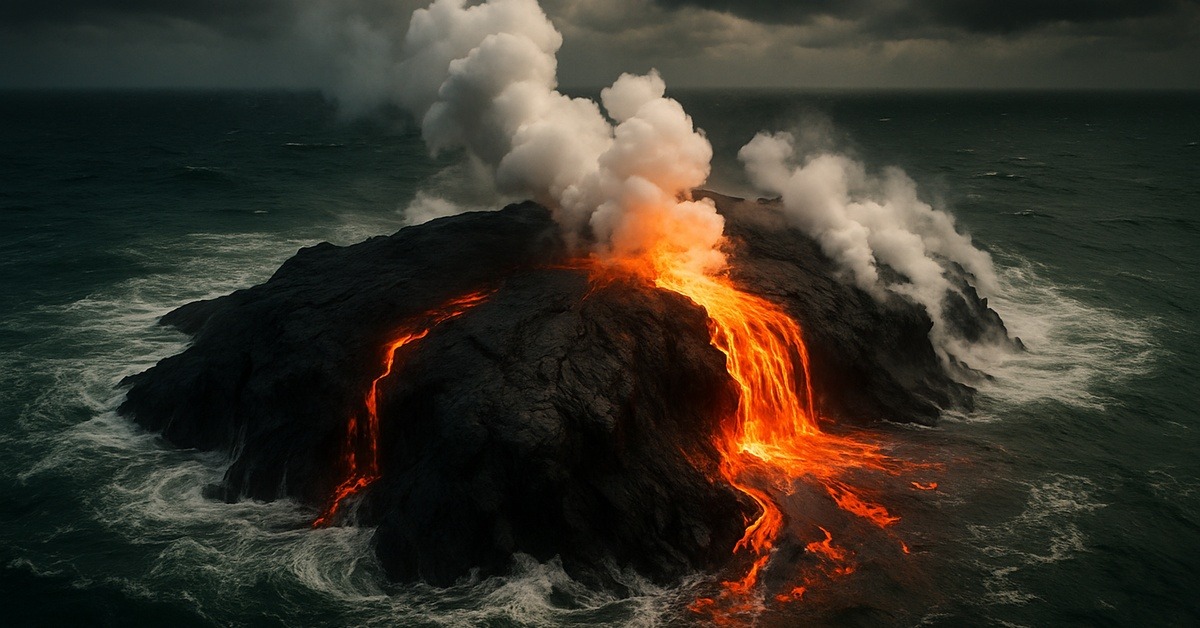 Aerial view of lava and ash building a fresh island above the ocean surface