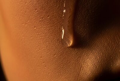 Extreme close-up of a single human tear rolling down a cheek in dramatic light