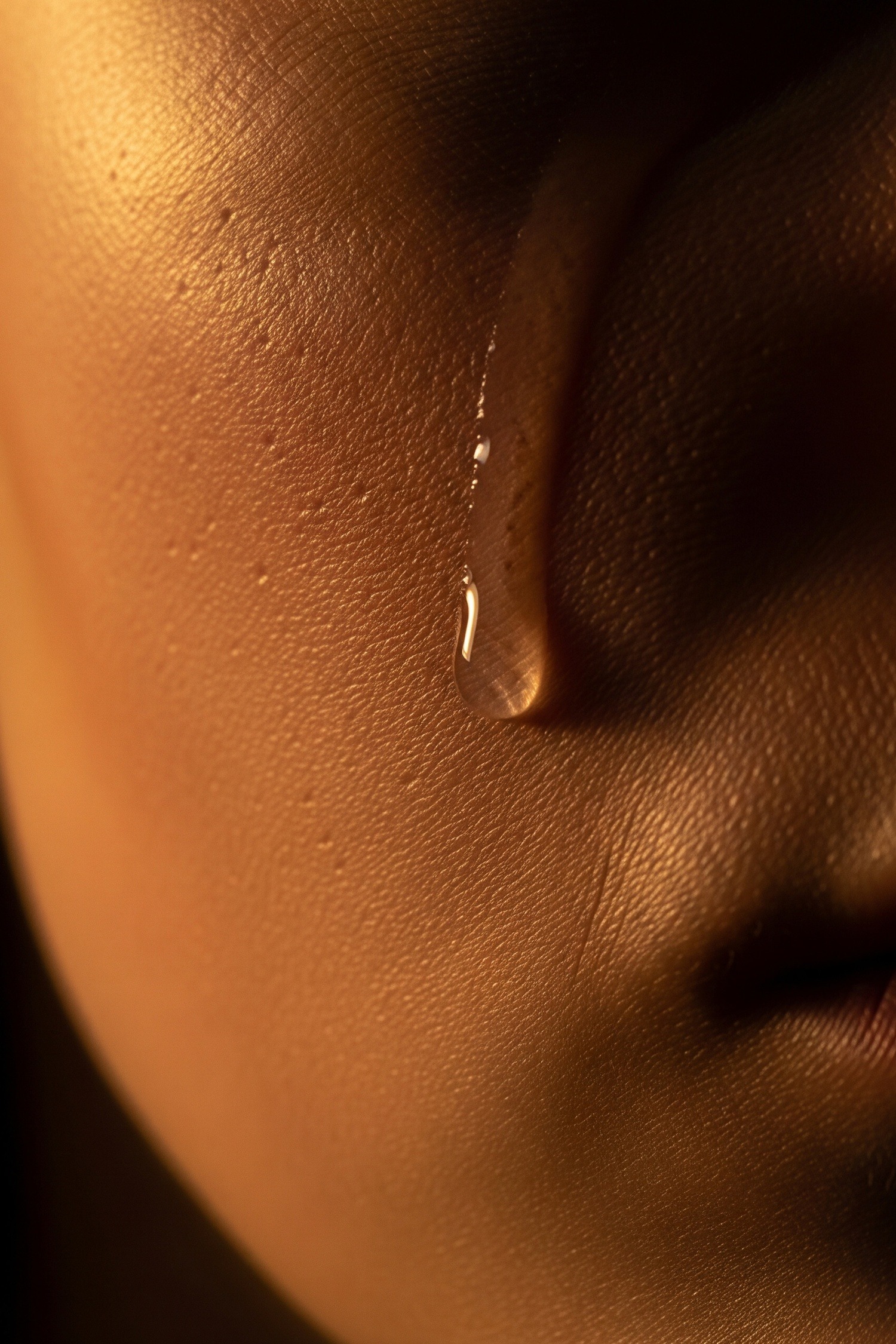 Extreme close-up of a single human tear rolling down a cheek in dramatic light