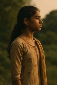 Young girl standing tall after spinal surgery, silhouetted against warm golden light