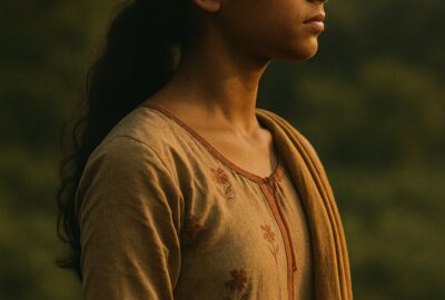Young girl standing tall after spinal surgery, silhouetted against warm golden light