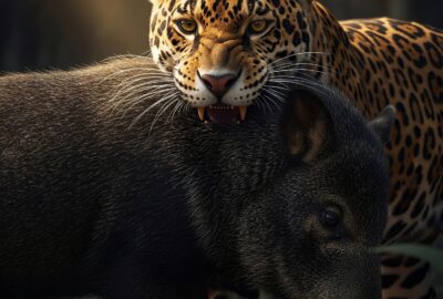 Close-up of a jaguar's powerful jaw and spotted face in dense jungle light