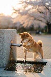 A small dog pressing a paw-activated water fountain lever in a Japanese public park