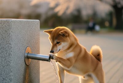 A small dog pressing a paw-activated water fountain lever in a Japanese public park