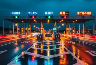 Long exposure night shot of Tokyo expressway toll gates glowing in dense urban traffic