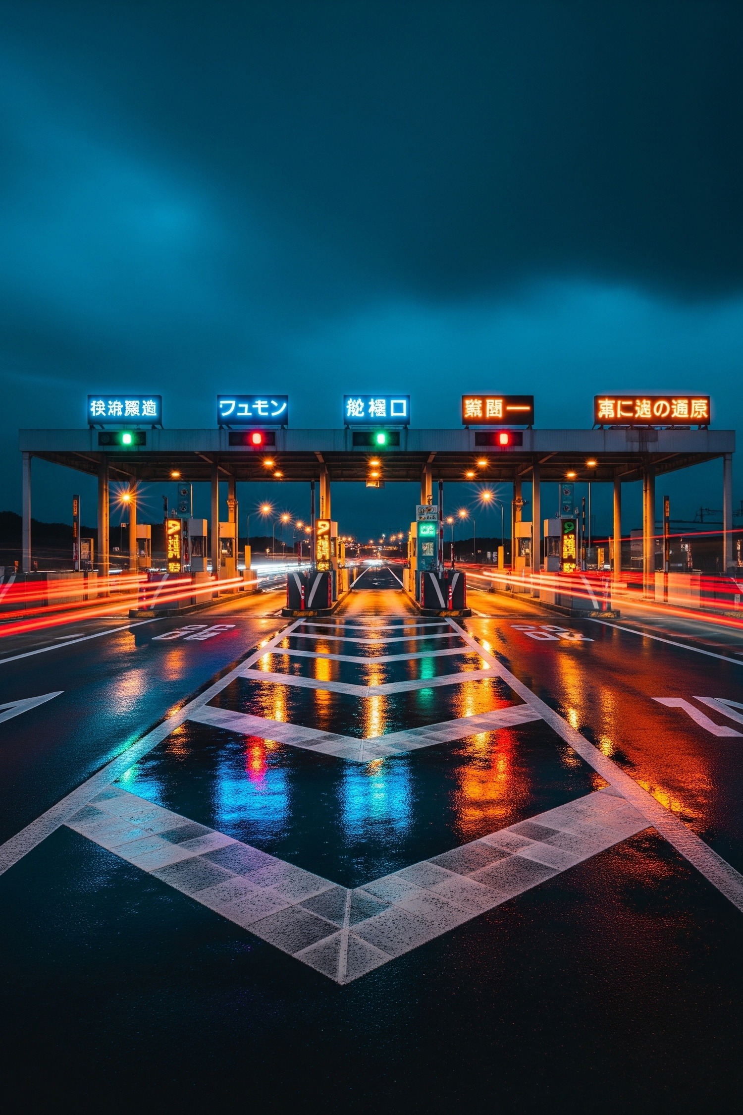 Long exposure night shot of Tokyo expressway toll gates glowing in dense urban traffic
