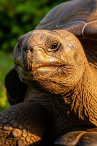 Ancient giant tortoise Jonathan resting on green grass on the island of St. Helena