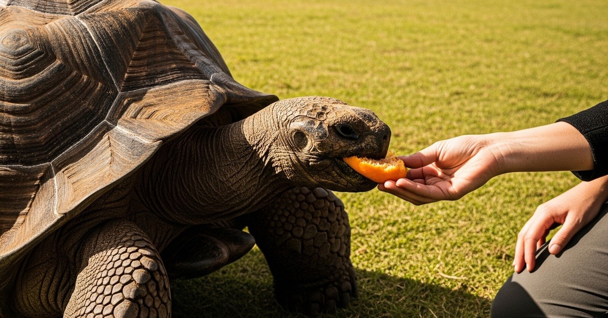 Weathered giant tortoise being hand-fed soft fruit by a gentle caregiver outdoors