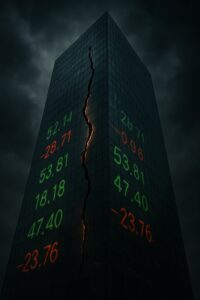 Abstract visualization of a billion-dollar creator brand deal collapsing into scattered stock ticker symbols