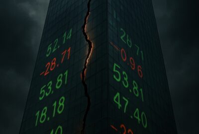 Abstract visualization of a billion-dollar creator brand deal collapsing into scattered stock ticker symbols