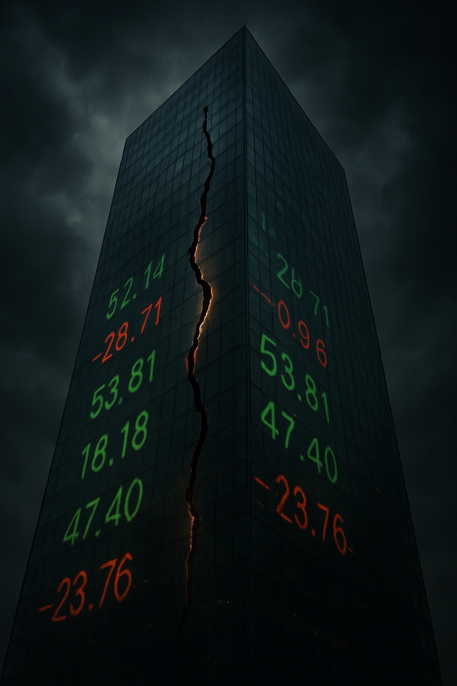 Abstract visualization of a billion-dollar creator brand deal collapsing into scattered stock ticker symbols