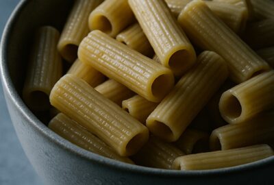 Close-up of cold leftover pasta in a bowl showing starch transformation science
