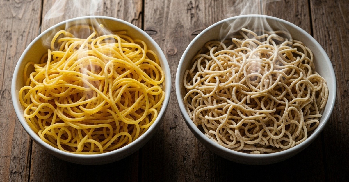 Steaming bowl of freshly cooked pasta beside cooled refrigerated portion for comparison