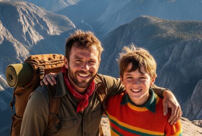 Two men standing on Moro Rock granite summit with Sierra Nevada mountains behind them
