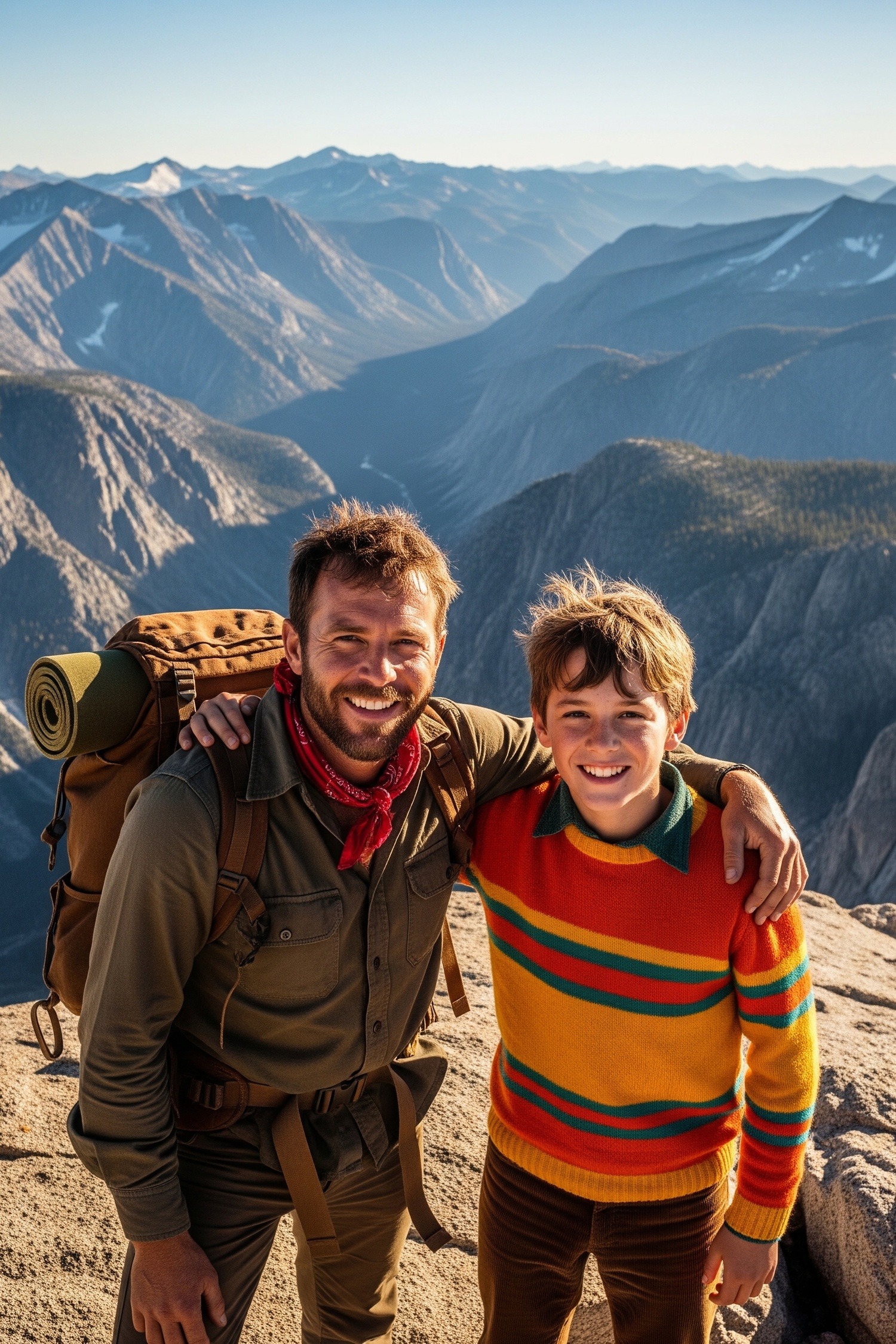 Two men standing on Moro Rock granite summit with Sierra Nevada mountains behind them