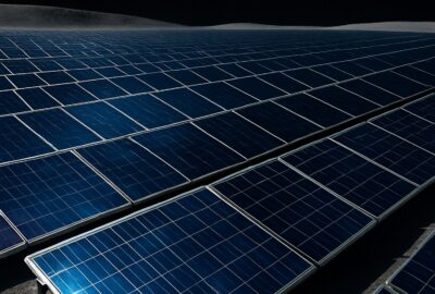 Vast solar panel belt stretching across the Moon's equatorial surface toward the horizon