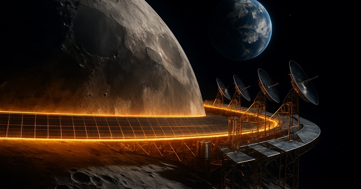 Microwave energy beam transmitting from lunar surface toward a glowing blue Earth