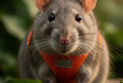 Close-up portrait of Magawa the African giant pouched rat wearing a small harness in a green Cambodian field