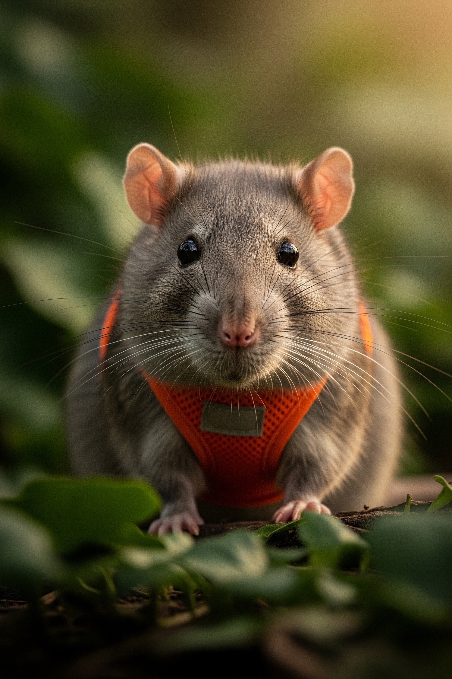 Close-up portrait of Magawa the African giant pouched rat wearing a small harness in a green Cambodian field