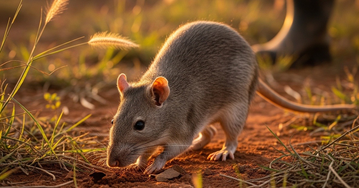 African giant pouched rat sniffing the ground in a landmine-contaminated field at golden hour