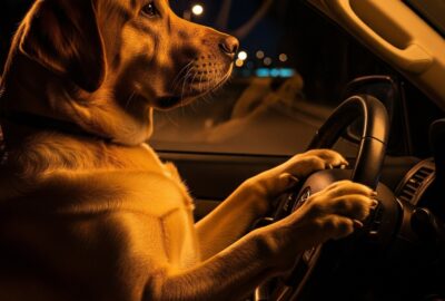 A calm Labrador dog sitting behind the steering wheel of a car at night