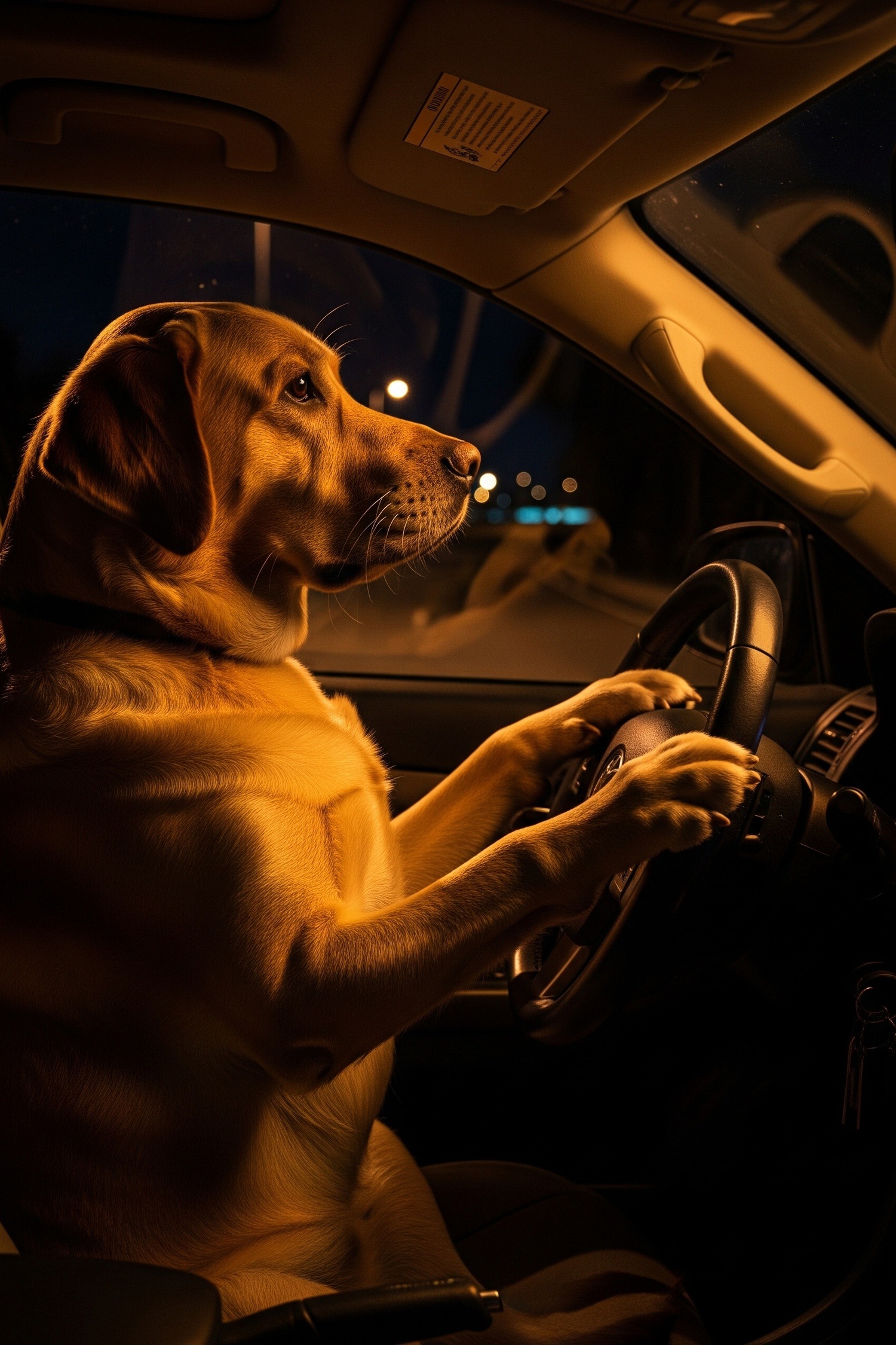 A calm Labrador dog sitting behind the steering wheel of a car at night
