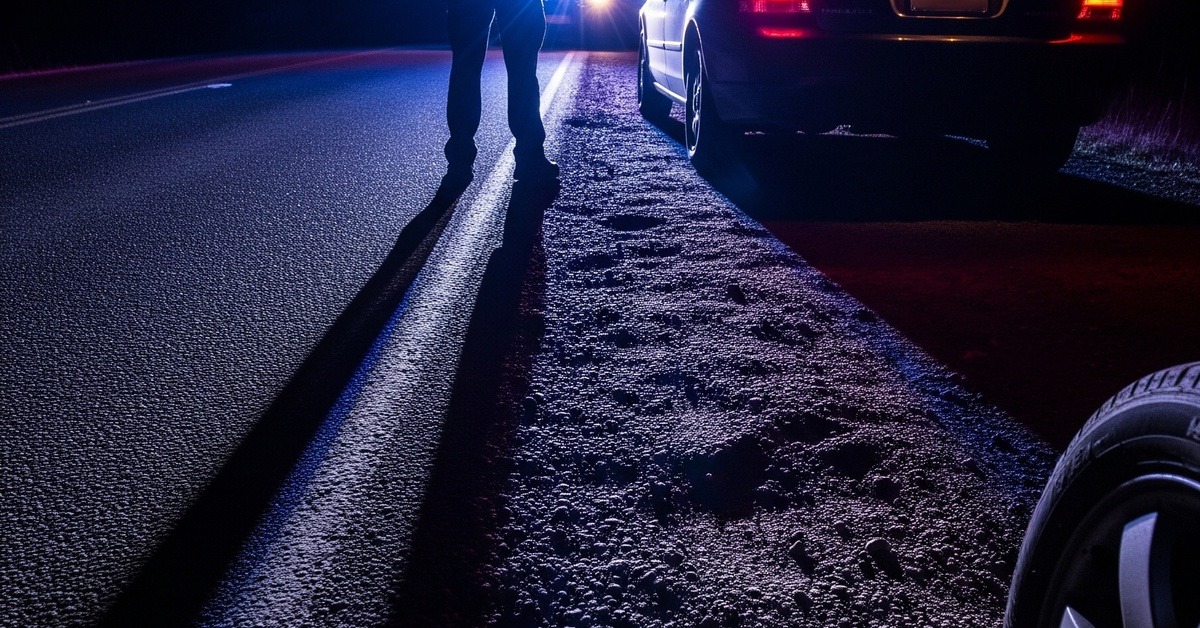 Police officer approaching a vehicle on a dark roadside during a traffic stop