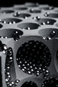 Close-up cross-section of lightweight metal foam composite armor material showing hollow spheres