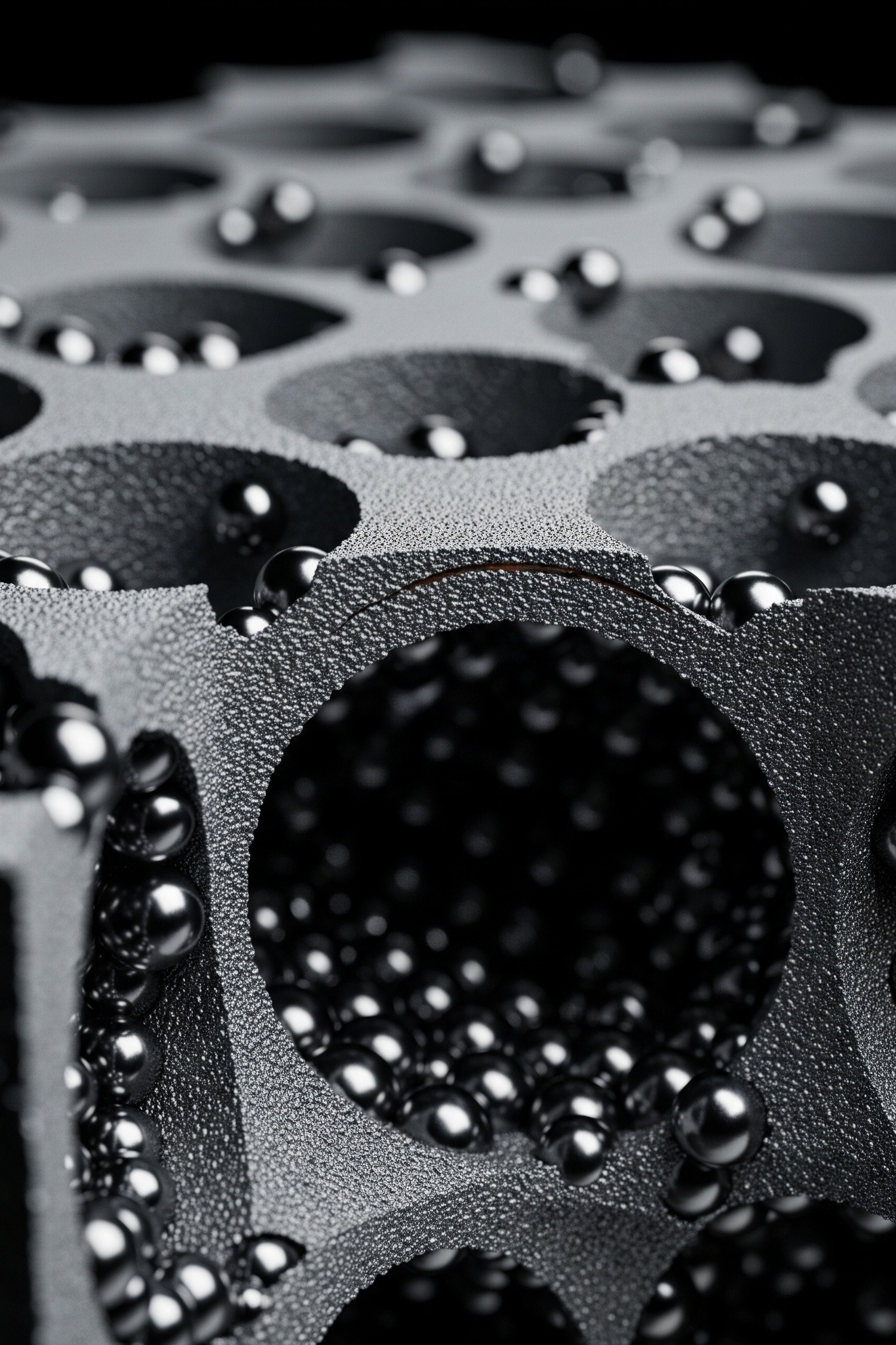 Close-up cross-section of lightweight metal foam composite armor material showing hollow spheres