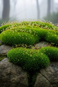 Lush green moss covering ancient rock surface in soft misty forest light