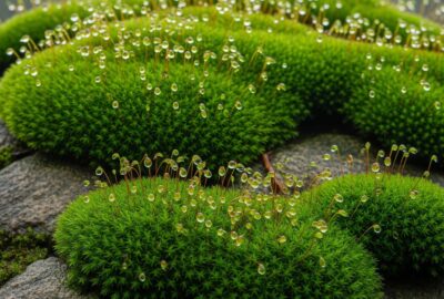 Lush green moss covering ancient rock surface in soft misty forest light