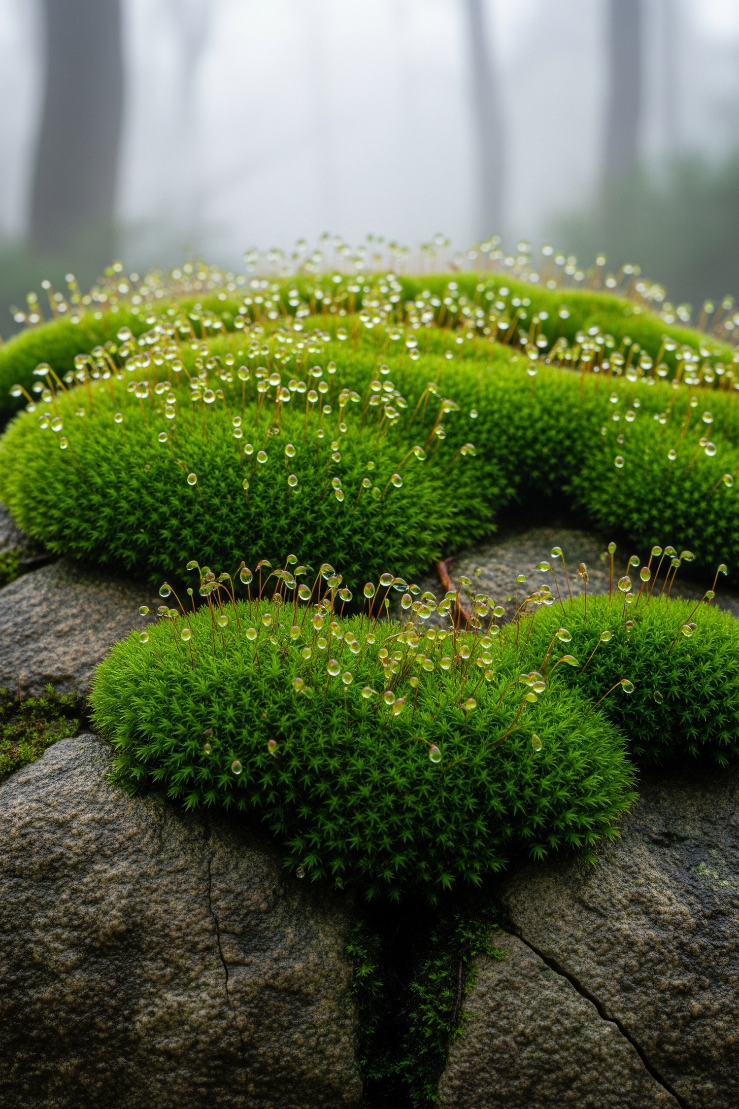 Lush green moss covering ancient rock surface in soft misty forest light