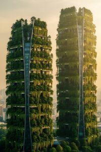 Nanjing Green Towers covered in lush trees and shrubs rising into misty sky