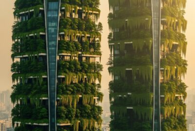 Nanjing Green Towers covered in lush trees and shrubs rising into misty sky