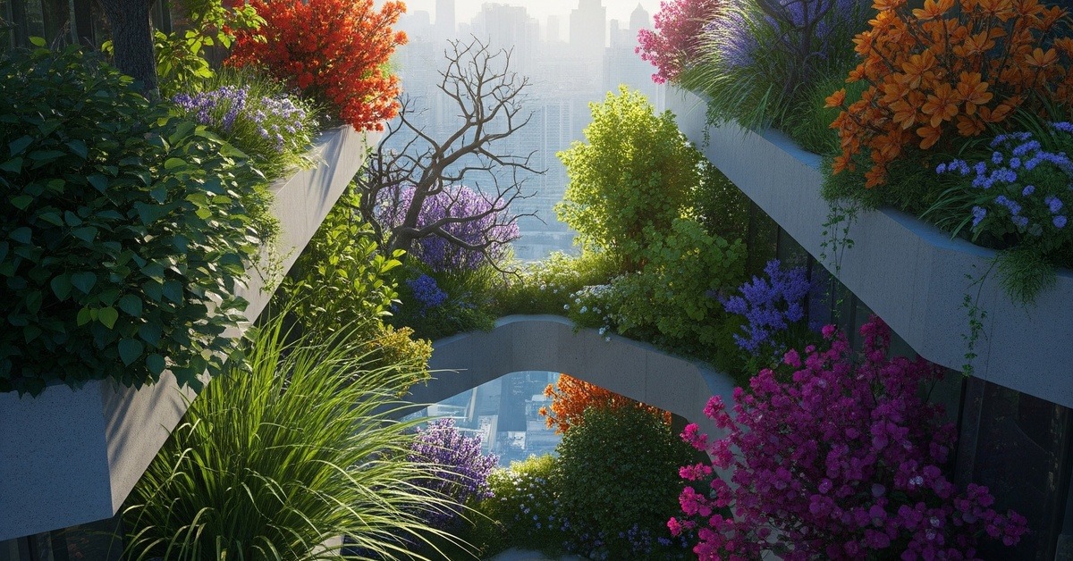 Close-up of dense green trees and plants cascading down a skyscraper facade