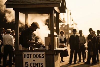 Vintage Coney Island boardwalk hot dog stand bustling with curious onlookers in 1910s attire