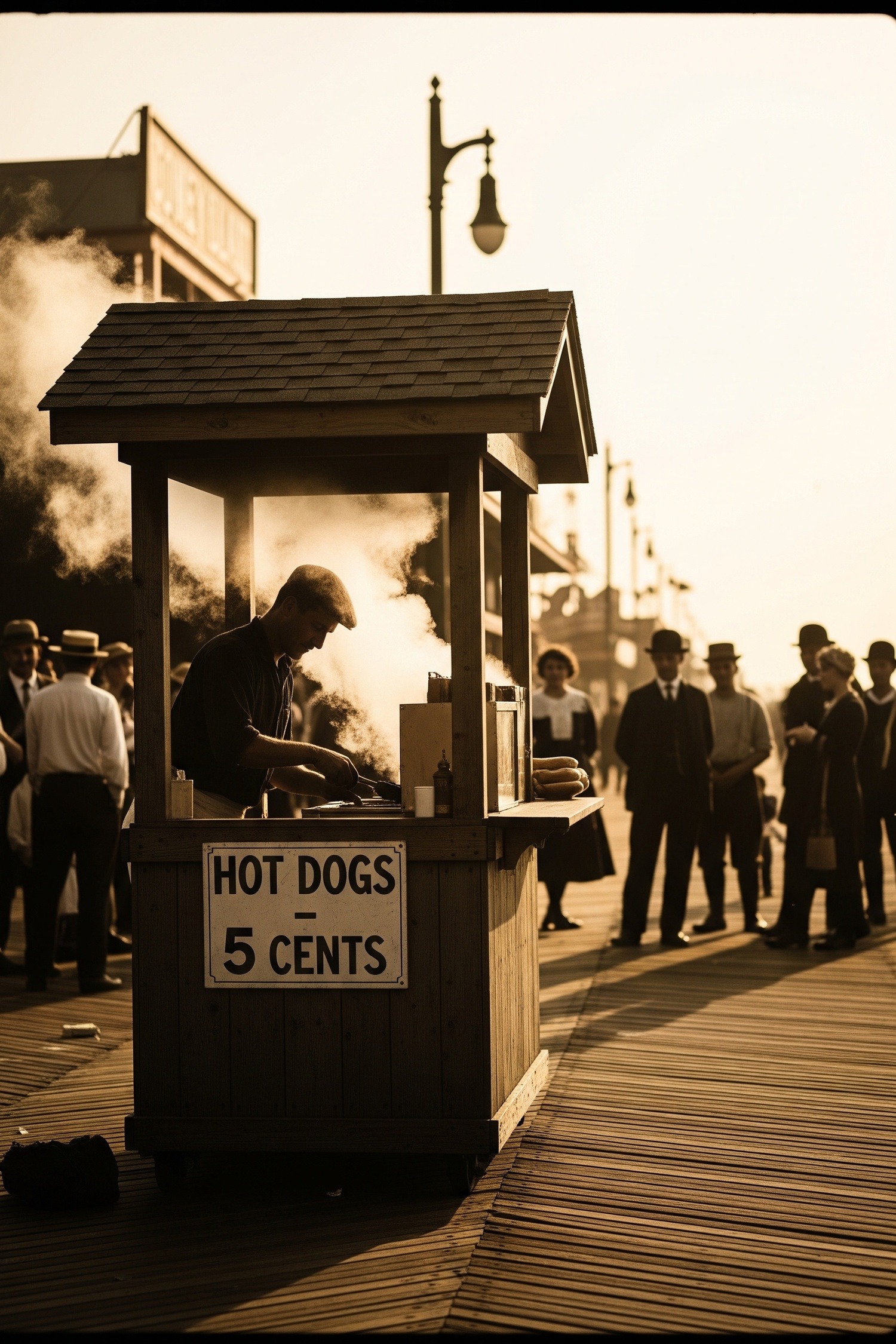 Vintage Coney Island boardwalk hot dog stand bustling with curious onlookers in 1910s attire
