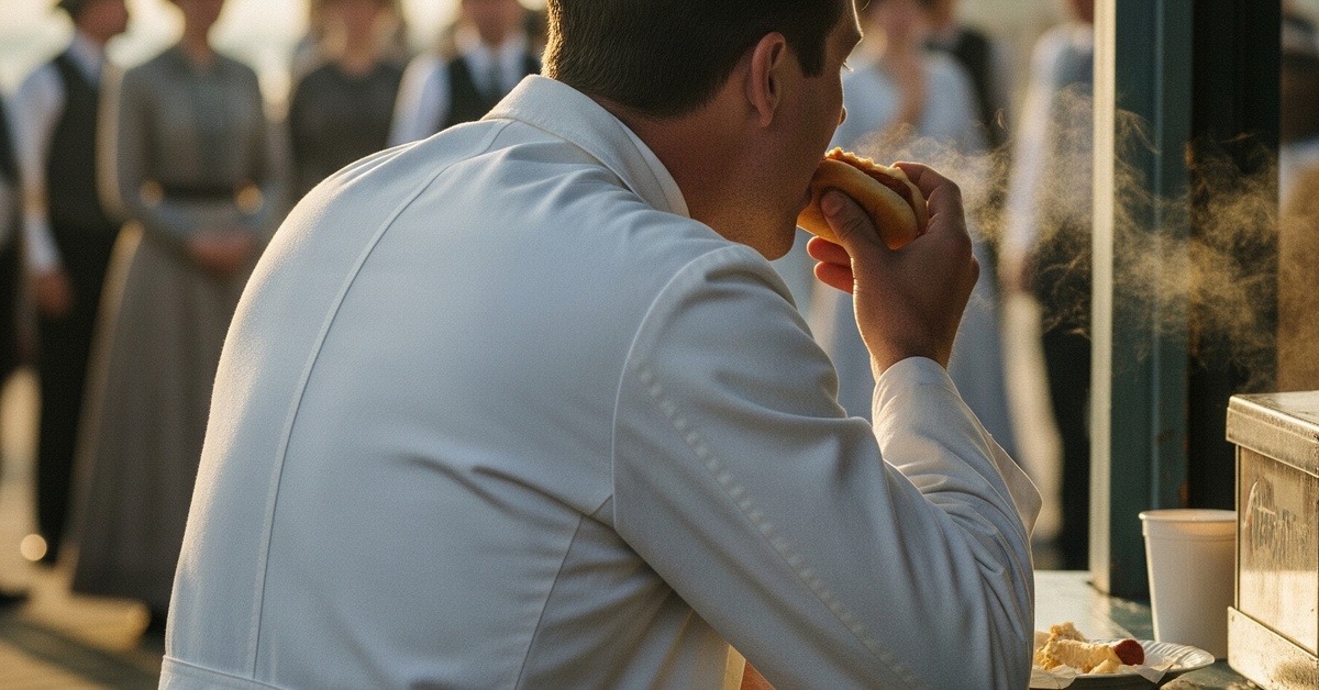 Man in white doctor coat confidently eating a hot dog at a busy seaside food stand