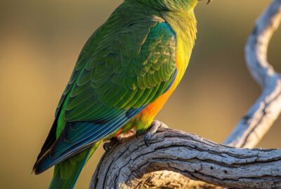 Vibrant male Orange-bellied Parrot perched showing emerald green and orange plumage