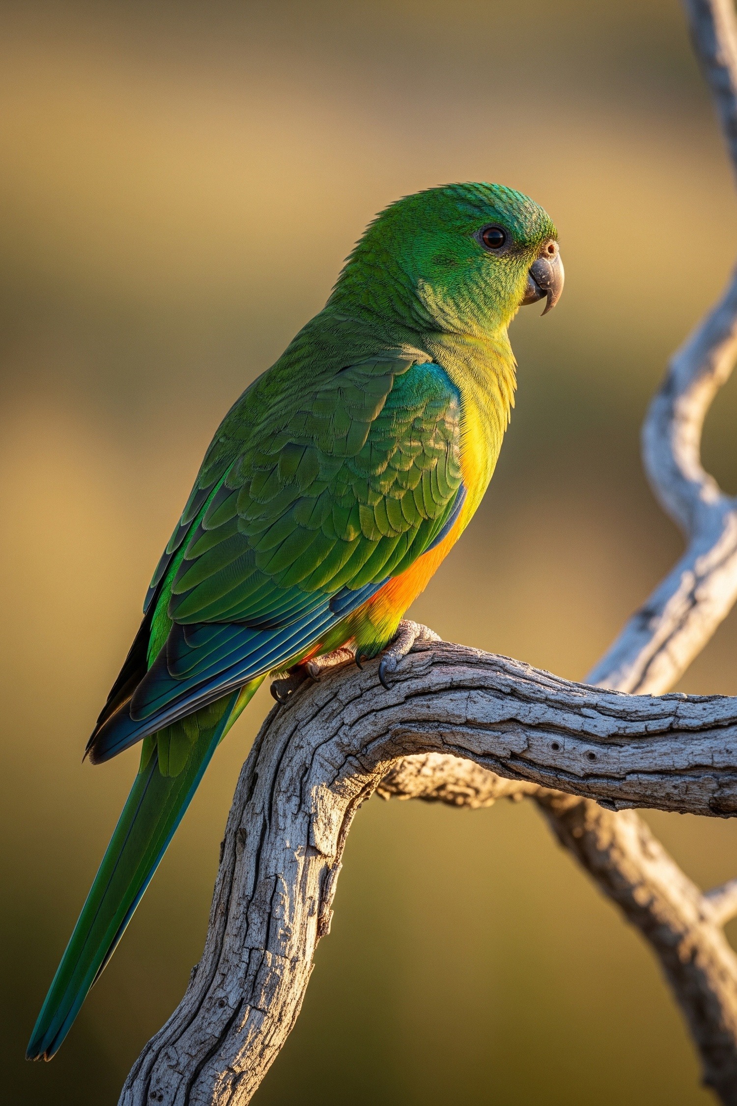 Vibrant male Orange-bellied Parrot perched showing emerald green and orange plumage