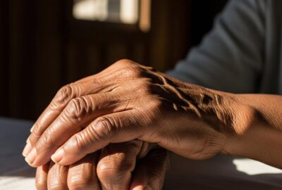 Elderly Black woman's weathered hands resting on folded laundry in soft window light