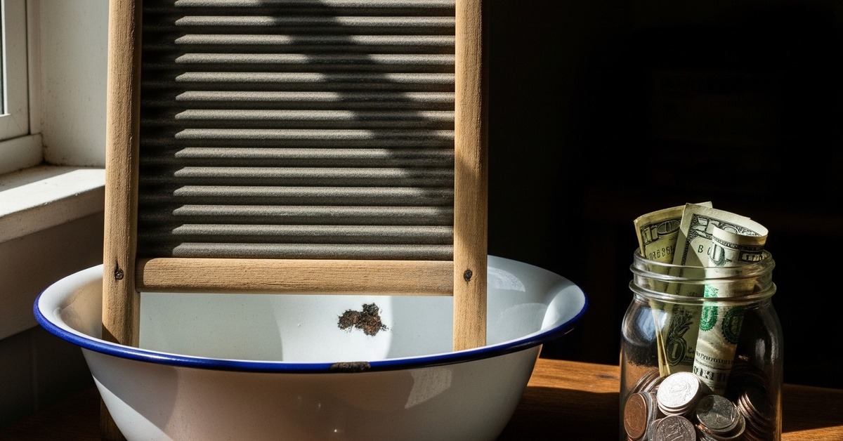 A worn wooden washboard beside neatly stacked coins on a humble kitchen table