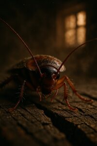 Extreme close-up of American cockroach on charred wooden floor inside an abandoned home