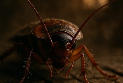 Extreme close-up of American cockroach on charred wooden floor inside an abandoned home