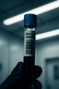 Close-up of a medical lab test vial with blurred hospital equipment in background