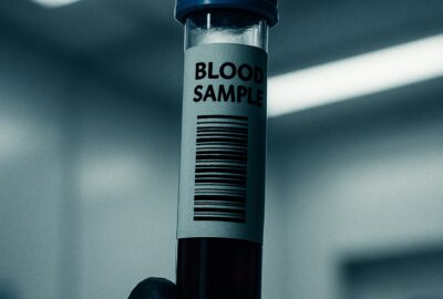 Close-up of a medical lab test vial with blurred hospital equipment in background