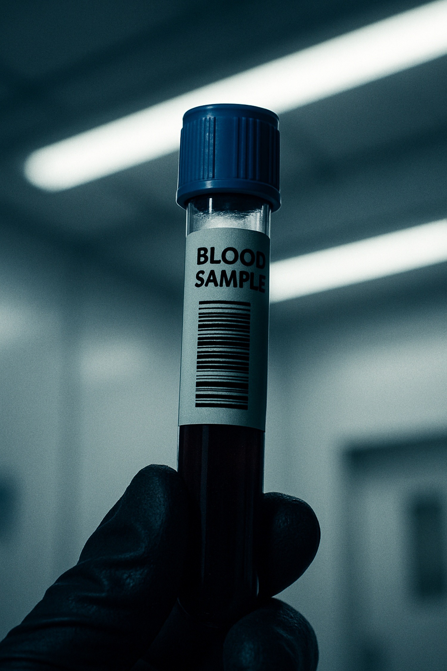 Close-up of a medical lab test vial with blurred hospital equipment in background