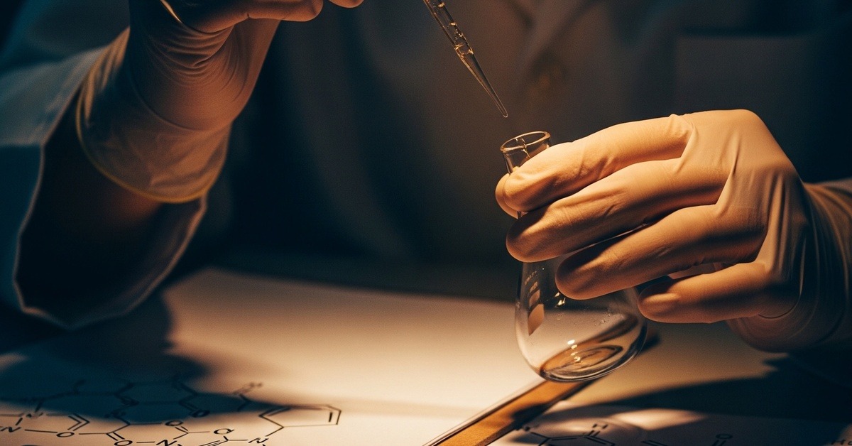 Scientist examining chemical compounds under laboratory microscope in dim blue light